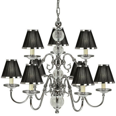 Flemish Ceiling Pendant Chandelier Polished Nickel & Black Shades 9 Lamp Light