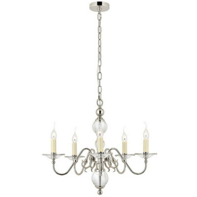 Flemish Ceiling Pendant Chandelier Polished Nickel & Crystal Curved 5 Lamp Light