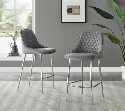 Fletcher Grey Soft Diamond-Stiched Velvet Silver Leg Bar Stools