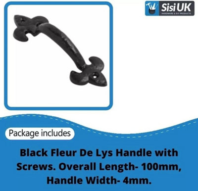 Fleur De Lys Pull Handle 100mm Black Cast Iron Door Handle Vintage Rustic Cabinet & Drawer Pull Cupboard Gate Barn door handle x 2