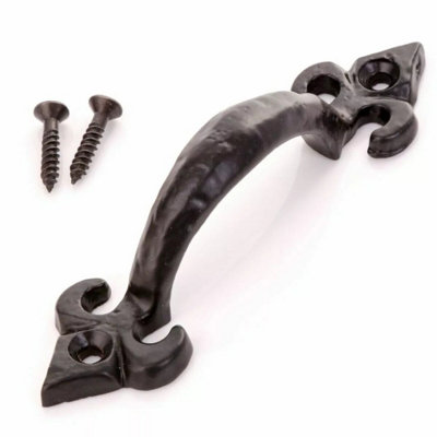 Fleur De Lys Pull Handle 100mm Black Cast Iron Door Handle Vintage Rustic Cabinet & Drawer Pull Cupboard Gate Barn door handle x 2
