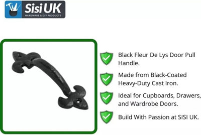 Fleur De Lys Pull Handle 100mm Black Cast Iron Door Handle Vintage Rustic Cabinet & Drawer Pull Cupboard Gate Barn door handle x 2