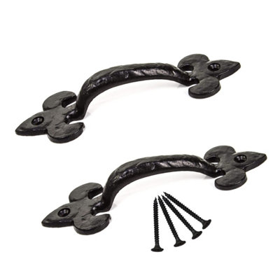 Fleur De Lys Pull Handle 175mm Black Cast Iron Door Handle Vintage Rustic Cabinet & Drawer Pull Cupboard Gate Barn door handle x 2
