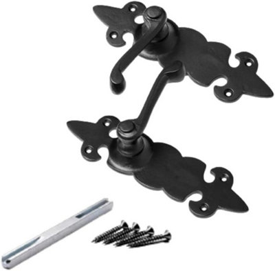 Fleur De Lys Suite Door Handle Black Cast Iron Lever Latch on Latchplate Vintage Door Handle Traditional Antique Scroll Handle