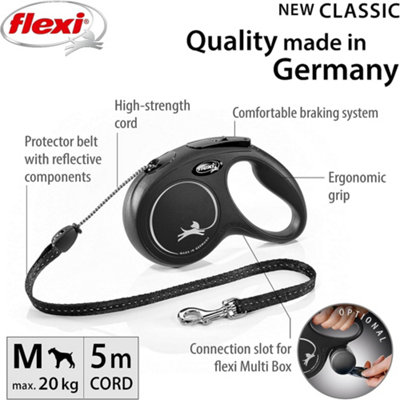 Flexi New Classic Cord Retractable Medium Black 5m Dog Leash/Lead 1-20kg