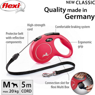 Flexi New Classic Cord Retractable Medium Red 5m Dog Leash/Lead 1-20kg