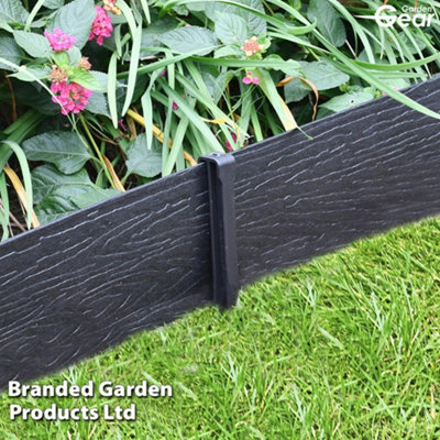 Flexible and Durable Plastic Garden Border Edging 10m Rolls 12.5cm Tall Easy Installation, Woodgrain Texture (Black)