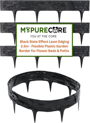 Flexible Black  Stone Effect Lawn Edging 2.3m - Flexible Plastic Garden Border Easy Install Edging for Grass, Gravel and Landscape