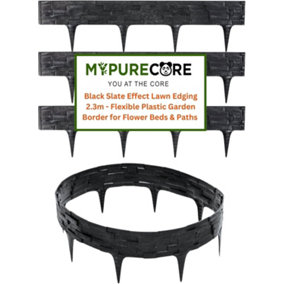 Flexible Black  Stone Effect Lawn Edging 2.3m - Flexible Plastic Garden Border Easy Install Edging for Grass, Gravel and Landscape