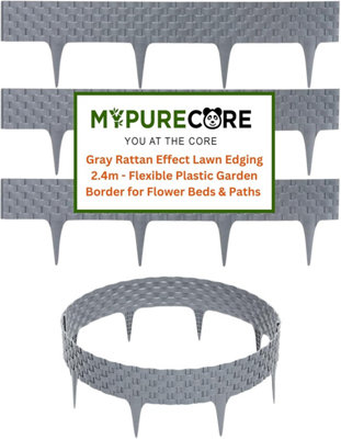 Flexible Grey Rattan Effect Lawn Edging 2.4m - Flexible Plastic Garden Border Easy Install Edging for Grass, Gravel and Landscape