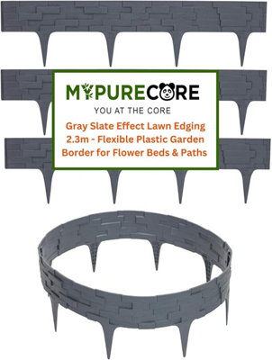 Flexible Grey Stone Effect Lawn Edging 2.3m - Flexible Plastic Garden Border Easy Install Edging for Grass, Gravel and Landscape