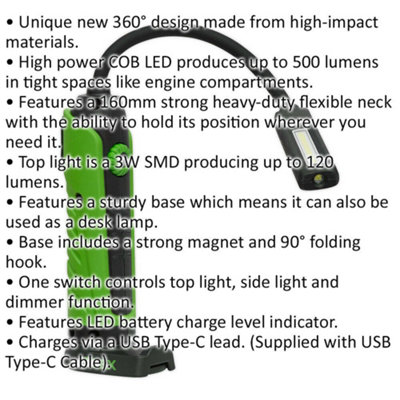 Flexible Inspection Light - 5W COB & 1 SMD LED - Rechargeable - Dimmer Function