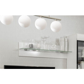 Floating Glass Shelf Display Storage 100cm 1m LEDs White Gloss Wall Panel Assen
