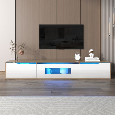 Floating Modern High Gloss and Wood Top TV Unit Stand Cabinet with Colour Changing LED Lights