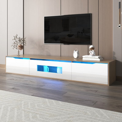 Floating Modern High Gloss TV Unit Stand Cabinet with Wood Top and Colour LED Lights