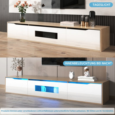 Floating Modern High Gloss TV Unit Stand Cabinet with Wood Top and Colour LED Lights