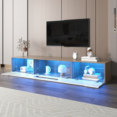 Floating Modern High Gloss TV Unit Stand Cabinet with Wood Top and Colour LED Lights