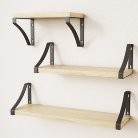 Floating Shelf Wall Mounted 3 Wood Shelves With Metal Brackets