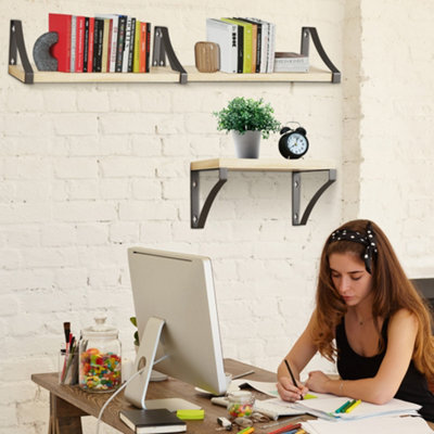 Floating Shelf Wall Mounted 3 Wood Shelves With Metal Brackets