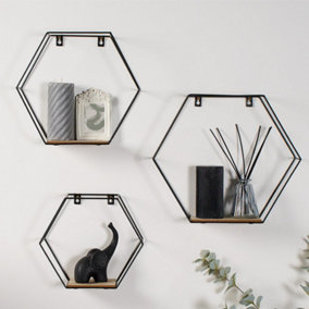 Floating Shelves Set of 3 Hexagon Shelving Wire Wall Rustic Display Unit Storage