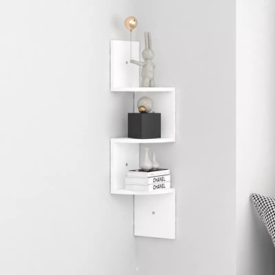 Floating Wall Corner Shelf, Decorative Bookshelf 3 Tier White