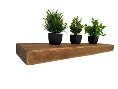 Floating Wall Mounted Shelf English Oak Colour Industrial Reclaimed Rustic Style Solid Wood (L) 80cm x (W) 22cm x 6cm Thick