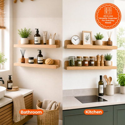 Floating Wall Shelf 60cm Set of 2 With raised Front Edge Light Oak