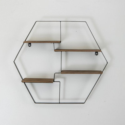 Floating Wall Shelves Wooden Geometrical Storage Unit Hexagon Metal