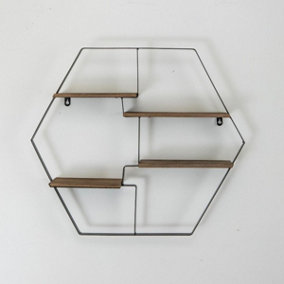 Floating Wall Shelves Wooden Geometrical Storage Unit Hexagon Metal Frame Shelf