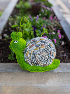 Flocked Moss Snail Garden Ornament with Stones
