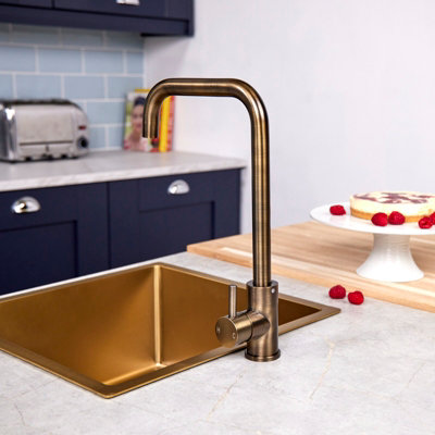Flode Dellen Single Lever Kitchen Sink Mixer Tap with Swivel Spout Square Neck Design Antique Brass Finish
