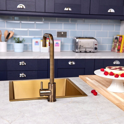 Flode Dellen Single Lever Kitchen Sink Mixer Tap with Swivel Spout Square Neck Design Antique Brass Finish