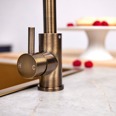Flode Dellen Single Lever Kitchen Sink Mixer Tap with Swivel Spout Square Neck Design Antique Brass Finish