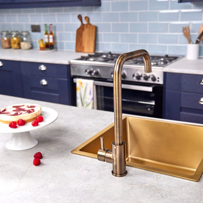 Flode Dellen Single Lever Kitchen Sink Mixer Tap with Swivel Spout Square Neck Design Antique Brass Finish