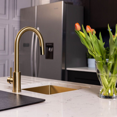 Flode Dolja Kitchen Sink Mixer with Concealed Pull Out Hose and Spray Head Brushed Brass