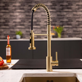 Flode Fjadra Pull Out Kitchen Sink Mixer Tap Spring Style Mixer Tap Brushed Brass Round Head