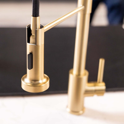 Flode Fjadra Pull Out Kitchen Sink Mixer Tap Spring Style Mixer Tap Brushed Brass Round Head