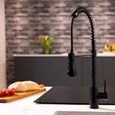 Flode Fjadra Pull Out Kitchen Sink Mixer Tap Spring Style Mixer Tap Matt Black Oval Head