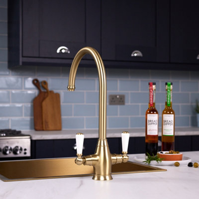 flode Halden - Dual Lever Kitchen Sink Mixer Tap with Swivel Spout - Brushed Brass Finish