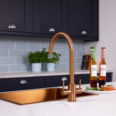 flode Hammerfest - Dual Lever Kitchen Mixer Tap - Brushed Copper Finish