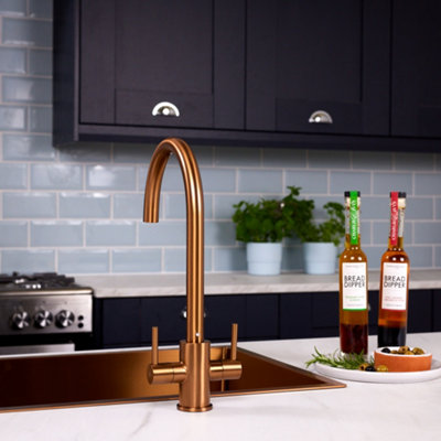 flode Hammerfest - Dual Lever Kitchen Mixer Tap - Brushed Copper Finish