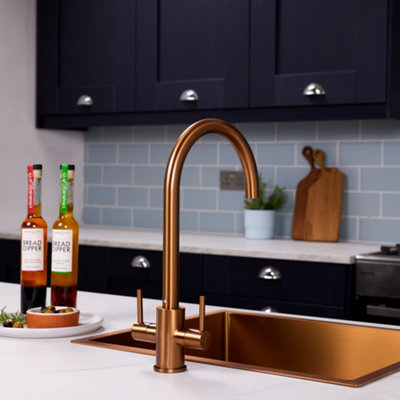 flode Hammerfest - Dual Lever Kitchen Mixer Tap - Brushed Copper Finish