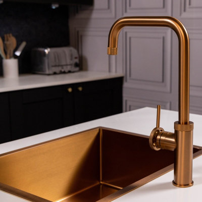 Flode Hjul Single Lever Industrial Style Kitchen Tap Swan Neck Design Brushed Copper