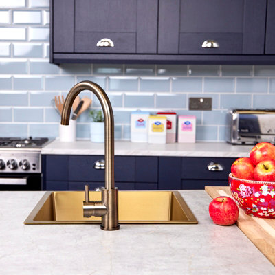 Flode Malaren Single Lever Kitchen Sink Mixer Tap with Swivel Spout Swan Neck Design Antique Brass Finish