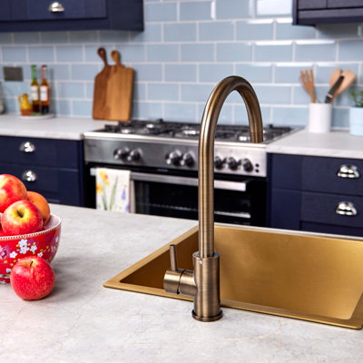Flode Malaren Single Lever Kitchen Sink Mixer Tap with Swivel Spout Swan Neck Design Antique Brass Finish