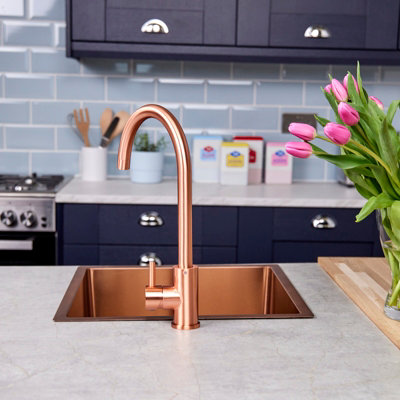 Flode Malaren Single Lever Kitchen Sink Mixer Tap with Swivel Spout Swan Neck Design Rose Copper Finish