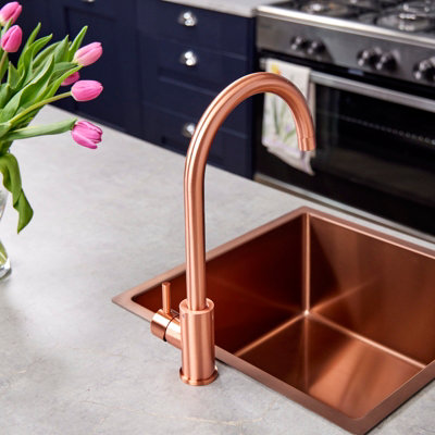 Flode Malaren Single Lever Kitchen Sink Mixer Tap with Swivel Spout Swan Neck Design Rose Copper Finish