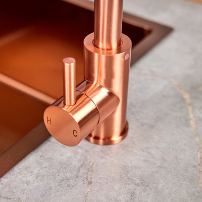 Flode Malaren Single Lever Kitchen Sink Mixer Tap with Swivel Spout Swan Neck Design Rose Copper Finish