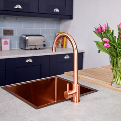 Flode Malaren Single Lever Kitchen Sink Mixer Tap with Swivel Spout Swan Neck Design Rose Copper Finish