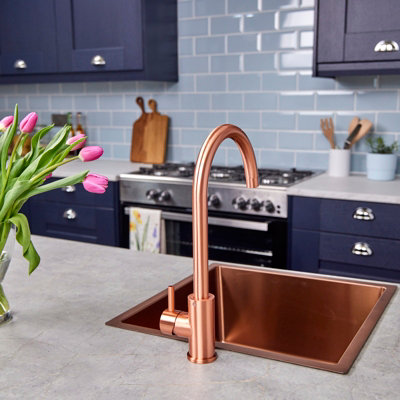 Flode Malaren Single Lever Kitchen Sink Mixer Tap with Swivel Spout Swan Neck Design Rose Copper Finish